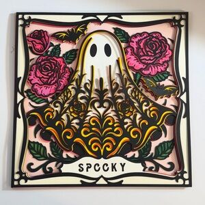 Spooky Ghost Wall Art with Pink and Yellow Accents
